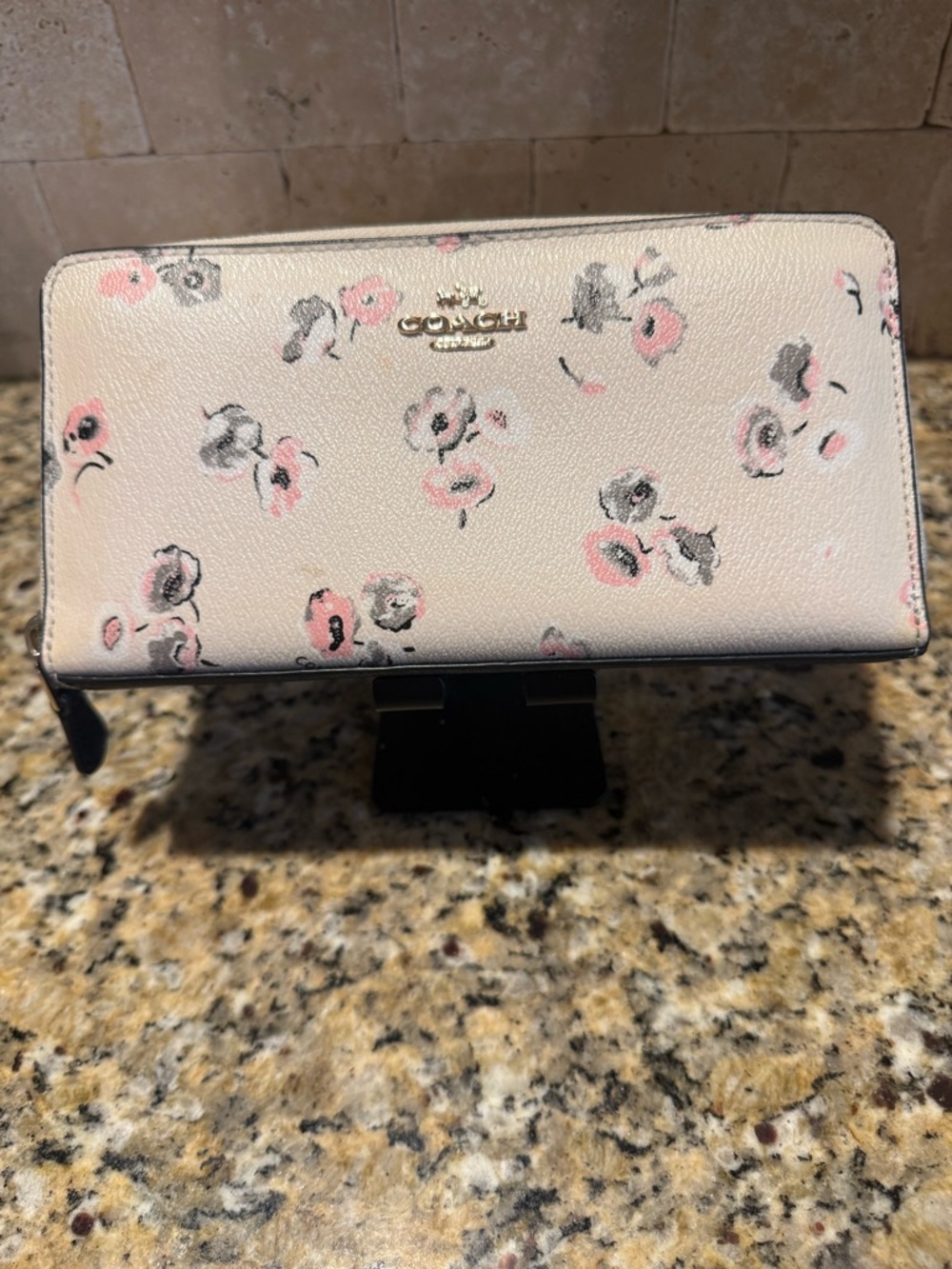 Coach Cream Floral Zip Wallet with Pink and Gray Accents